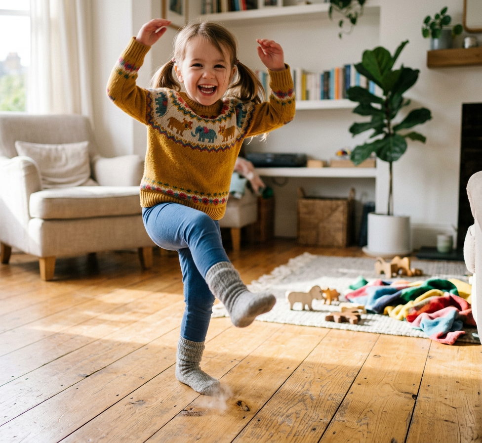Ein kleines Kind tanzt ausgelassen und lachend in einem hellen Wohnzimmer, hebt ein Bein nach vorne und hält die Arme fröhlich nach oben. Der warme Holzboden, ein gemütlicher Sessel, Bücherregale, Zimmerpflanzen und verstreutes Spielzeug schaffen eine lebendige Familienatmosphäre. Die Szene vermittelt Freude an Bewegung, spielerischen Kindertanz und unbeschwertes Tanzen zu Hause.