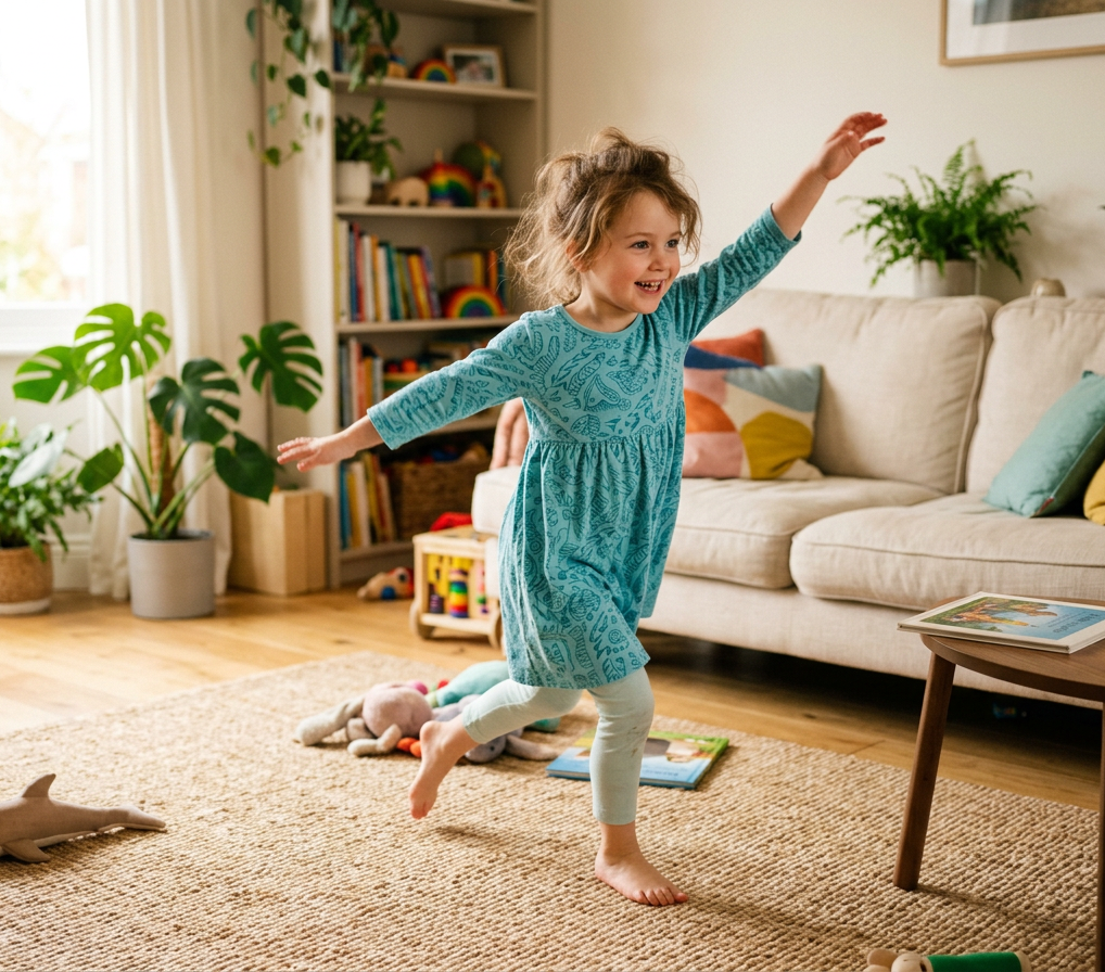 Ein kleines Kind tanzt lachend und schwungvoll mit ausgestreckten Armen auf einem Teppich in einem hellen Wohnzimmer. Umgeben von Pflanzen, Sofa, Bücherregal, Spielzeug und Kinderbüchern entsteht eine warme, spielerische Atmosphäre, die Freude an Bewegung, Kreativität und Kindertanz zu Hause vermittelt.