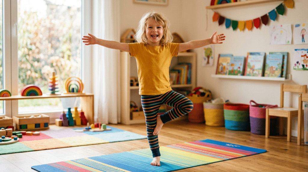 Ein fröhliches Kind steht in der Baumhaltung auf einer bunten Yogamatte und streckt die Arme weit zur Seite aus. Der helle, freundlich eingerichtete Raum mit Spielzeug, Kinderbüchern, Regenbogen-Deko und bunten Körben vermittelt eine spielerische Atmosphäre für Kinderyoga, Bewegung und Balanceübungen.