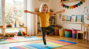 Ein fröhliches Kind steht in der Baumhaltung auf einer bunten Yogamatte und streckt die Arme weit zur Seite aus. Der helle, freundlich eingerichtete Raum mit Spielzeug, Kinderbüchern, Regenbogen-Deko und bunten Körben vermittelt eine spielerische Atmosphäre für Kinderyoga, Bewegung und Balanceübungen.
