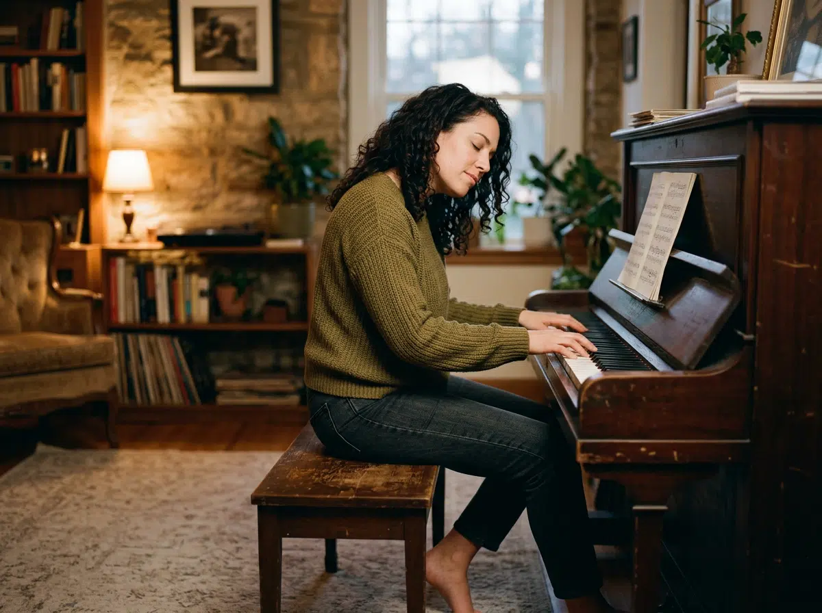 Eine Frau sitzt an einem alten Holzklavier in einem gemütlichen Wohnzimmer und spielt konzentriert nach Noten. Bücherregale, Zimmerpflanzen, Steinwand, warmes Lampenlicht und ein großes Fenster schaffen eine ruhige, wohnliche Atmosphäre. Die Szene vermittelt entspanntes Klavierüben zu Hause, Freude am Musizieren und eine passende Stimmung für einen Online-Klavierkurs.