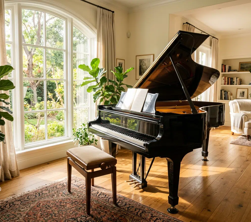 Ein schwarzer Flügel steht geöffnet in einem hellen, stilvoll eingerichteten Wohnzimmer mit großen Bogenfenstern und Blick in den Garten. Auf dem Notenpult liegen geöffnete Noten, davor steht eine Klavierbank auf einem gemusterten Teppich. Holzboden, Zimmerpflanzen, Bücherregal und Sessel schaffen eine warme, elegante Atmosphäre für Klavierunterricht, konzentriertes Üben oder einen Online-Klavierkurs zu Hause.