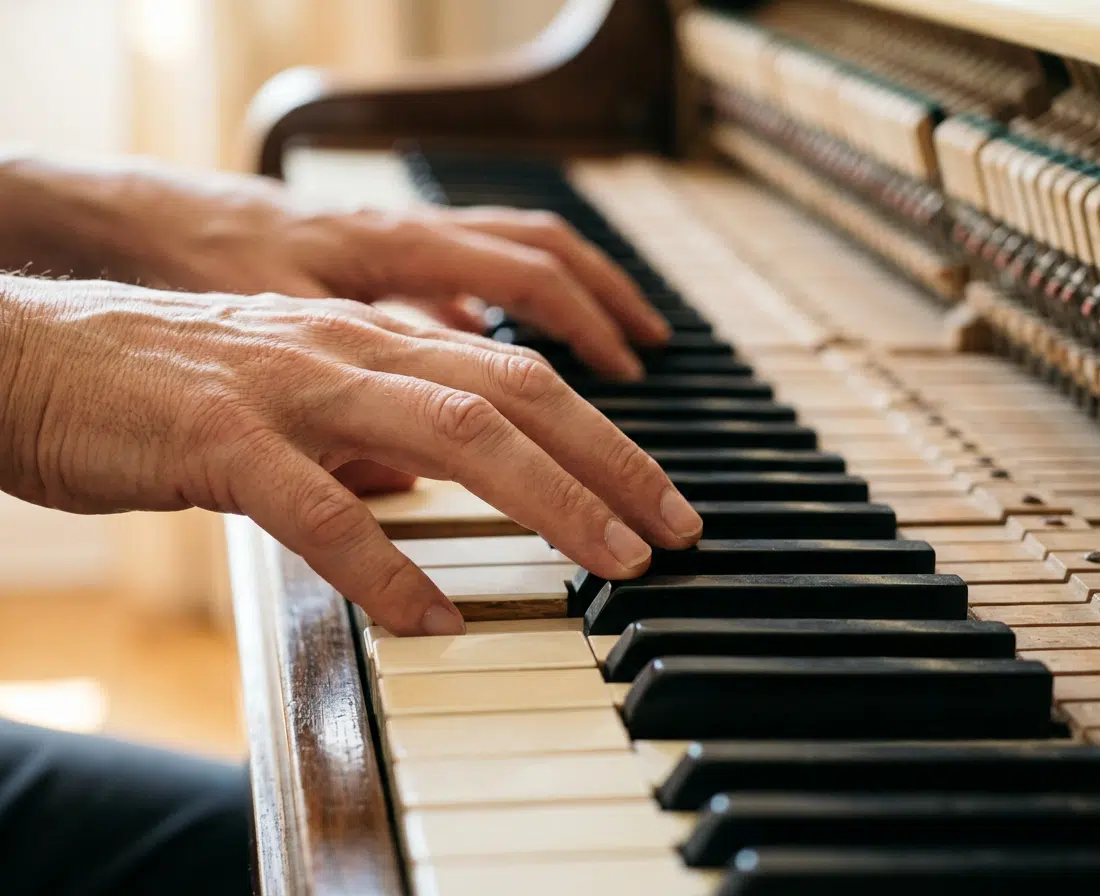 Nahaufnahme von zwei Händen, die auf den Tasten eines Klaviers spielen. Der Fokus liegt auf den Fingern, den schwarz-weißen Tasten und der sichtbaren Mechanik des geöffneten Instruments. Das warme Licht und die geringe Tiefenschärfe vermitteln eine ruhige, konzentrierte Übungssituation und passen zum Thema Klavierlernen, Fingertechnik und Online-Klavierkurs.