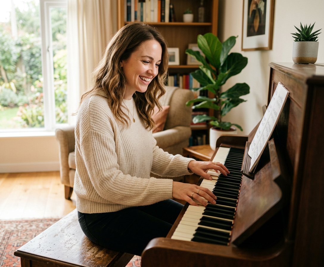 Eine Frau sitzt lächelnd an einem Klavier in einem hellen, gemütlichen Wohnzimmer und spielt nach Noten. Große Fenster mit Blick in den Garten, Holzboden, Teppich, Bücherregal, Sessel und Zimmerpflanzen schaffen eine warme, wohnliche Atmosphäre. Die Szene vermittelt Freude am Musizieren, konzentriertes Üben und eine einladende Umgebung für einen Online-Klavierkurs oder das Klavierlernen zu Hause.