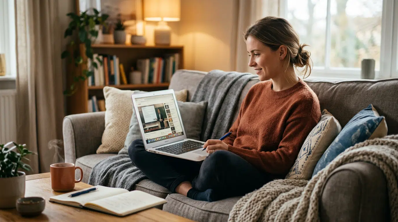 Eine Frau sitzt entspannt auf dem Sofa mit einem Laptop und schaut sich eine strukturierte Video-Lektion zum Thema Ernährung an, Notizblock und Stift liegen daneben.