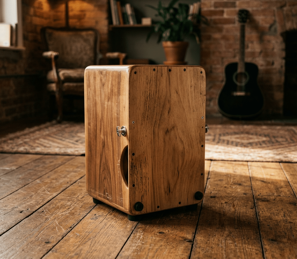 Eine hölzerne Cajón steht allein auf einem rustikalen Holzboden in einem gemütlichen Musikzimmer. Im Hintergrund sind eine Backsteinwand, ein Sessel, ein Teppich, eine Zimmerpflanze und eine Gitarre zu sehen. Die ruhige, warme Atmosphäre stellt das Instrument klar in den Mittelpunkt und passt zu einem Online-Cajonkurs, einem Anfängerkurs oder der Vorstellung des Instruments.
