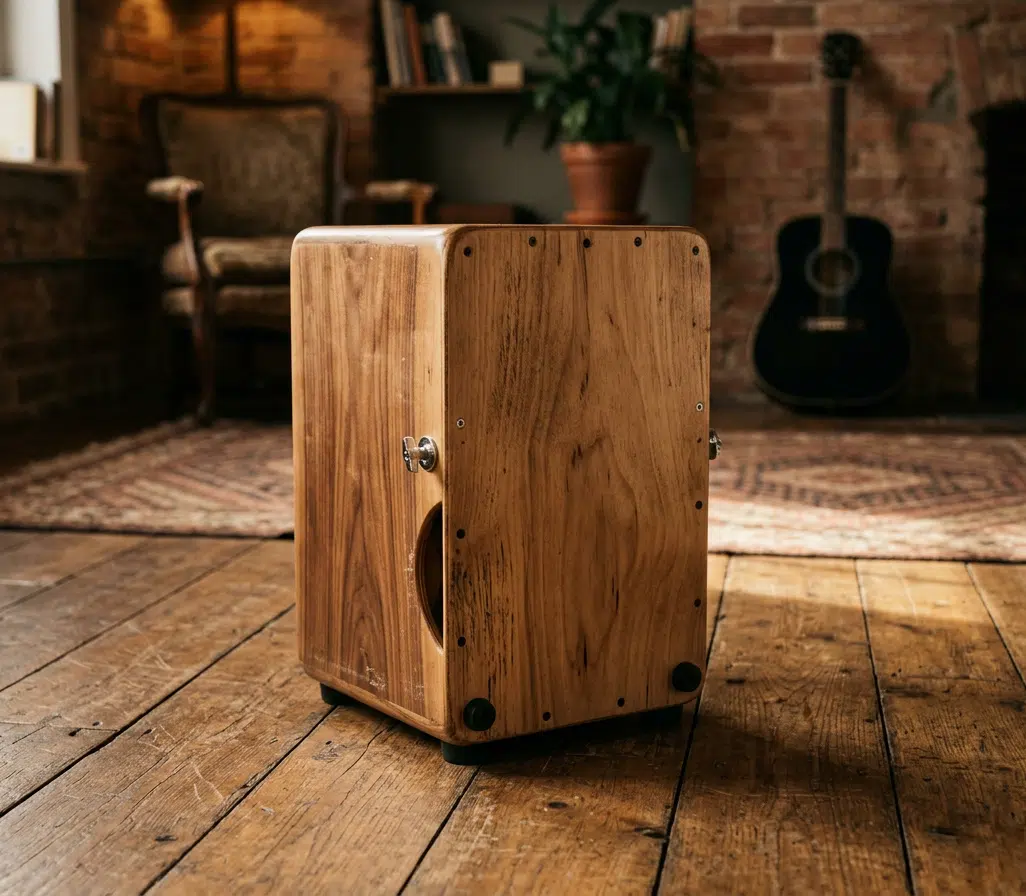 Eine hölzerne Cajón steht allein auf einem rustikalen Holzboden in einem gemütlichen Musikzimmer. Im Hintergrund sind eine Backsteinwand, ein Sessel, ein Teppich, eine Zimmerpflanze und eine Gitarre zu sehen. Die ruhige, warme Atmosphäre stellt das Instrument klar in den Mittelpunkt und passt zu einem Online-Cajonkurs, einem Anfängerkurs oder der Vorstellung des Instruments.