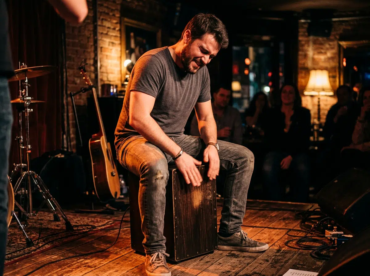 Ein Mann sitzt auf einer kleinen Bühne auf einer Cajón und spielt konzentriert mit beiden Händen darauf. Warmes Bühnenlicht, Backsteinwände, Holzboden, Kabel, ein Mikrofon, ein Schlagzeugständer und eine Gitarre im Hintergrund schaffen eine intime Live-Atmosphäre. Im Publikum sitzen mehrere Personen, die dem Auftritt aufmerksam folgen. Die Szene vermittelt Rhythmusgefühl, Percussion, musikalische Energie und das Spielen einer Cajón in einem kleinen Konzert- oder Kursumfeld.