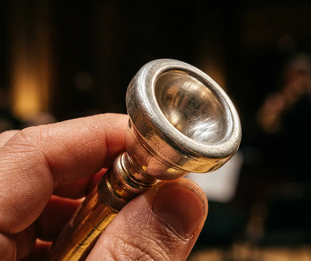 Nahaufnahme eines Trompetenmundstücks, das zwischen den Fingern gehalten wird. Die Metalloberfläche und die Form des Mundstücks sind deutlich zu erkennen, während im unscharfen Hintergrund eine Person Trompete spielt. Die Szene betont Ansatz, Atemtechnik und die wichtigen Details beim Trompete lernen.