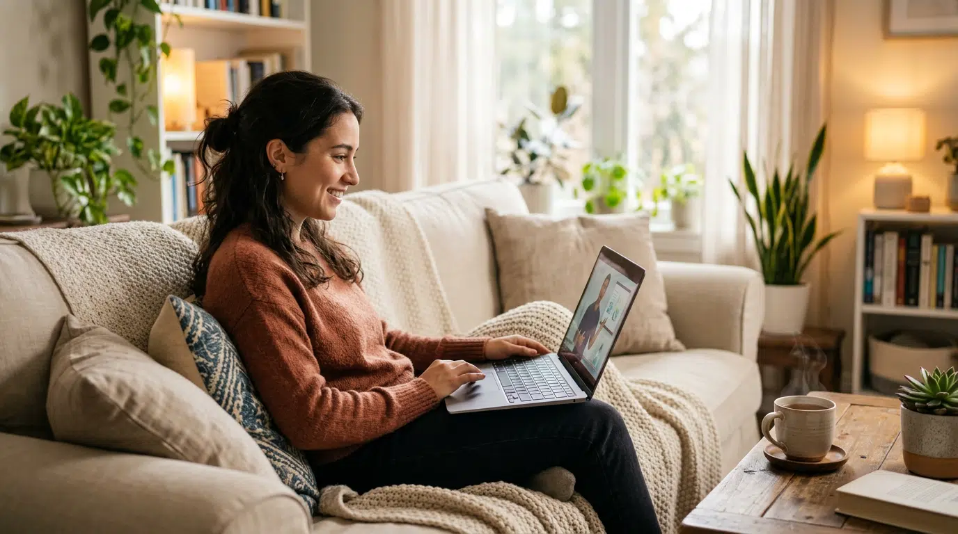 Eine Frau sitzt gemütlich auf dem Sofa und arbeitet lächelnd an einem Laptop, auf dem ein Onlinekurs oder Webinar zu sehen ist. Die wohnliche Umgebung mit Kissen, Decke, Pflanzen, Bücherregal, Lampe und Tasse vermittelt eine entspannte Lernatmosphäre. Die Szene passt zu digitaler Weiterbildung, Online-Ausbildung und flexiblem Lernen von zu Hause.