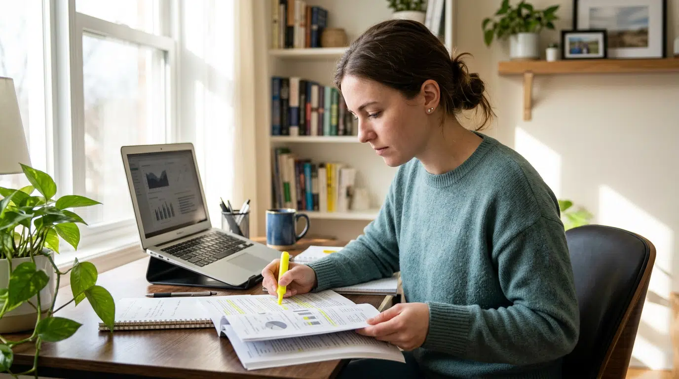 Eine Frau sitzt konzentriert an einem Schreibtisch und markiert wichtige Stellen in Lernunterlagen, während neben ihr ein Laptop mit Diagrammen geöffnet ist. Notizbuch, Stifte, Pflanzen, Bücherregal und Tageslicht schaffen eine ruhige Arbeitsumgebung. Die Szene steht für intensives Lernen, Selbststudium, Onlinekurs-Unterlagen und berufliche Weiterbildung zu Hause.