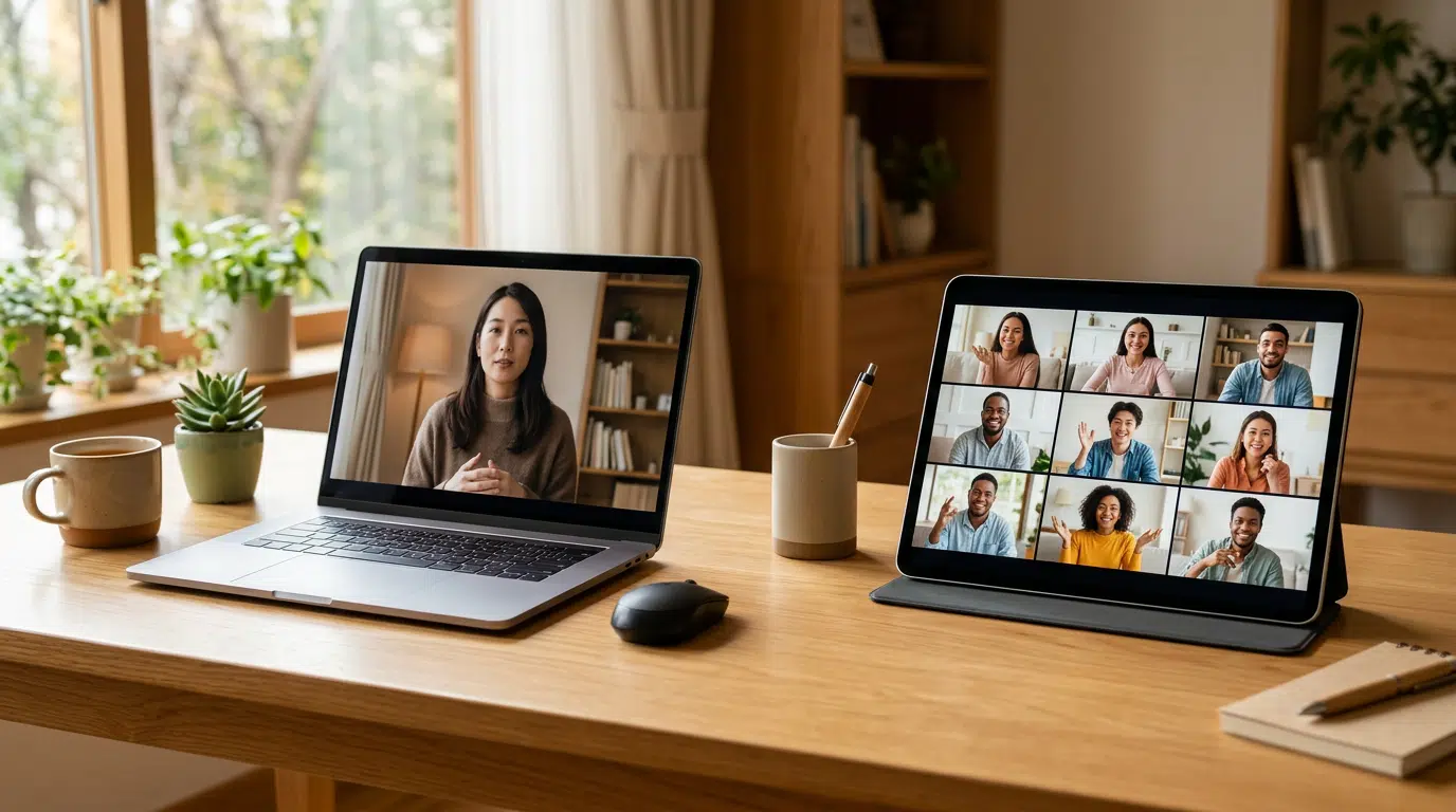 Zweigeteilte Schreibtischszene: Links ein Laptop mit einer ruhig ablaufenden Video-Lektion, rechts ein Tablet mit einem Live-Videocall und mehreren Teilnehmern. Warmes Tageslicht, aufgeräumter Holzschreibtisch. Kein lesbarer Text, keine Logos.
