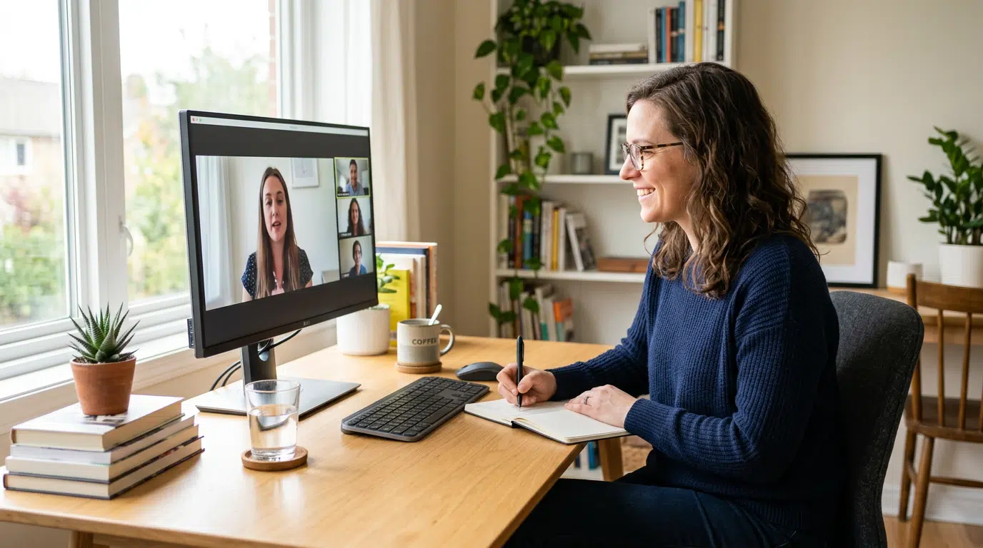 Person sitzt an einem hellen Homeoffice-Schreibtisch und nimmt an einem Live-Videocall teil. Auf dem Monitor sind mehrere kleine Teilnehmerfenster zu sehen. Aufmerksamer Gesichtsausdruck, Notizblock daneben. Sauberer Hintergrund, Tageslicht. Kein lesbarer Text, keine Logos.