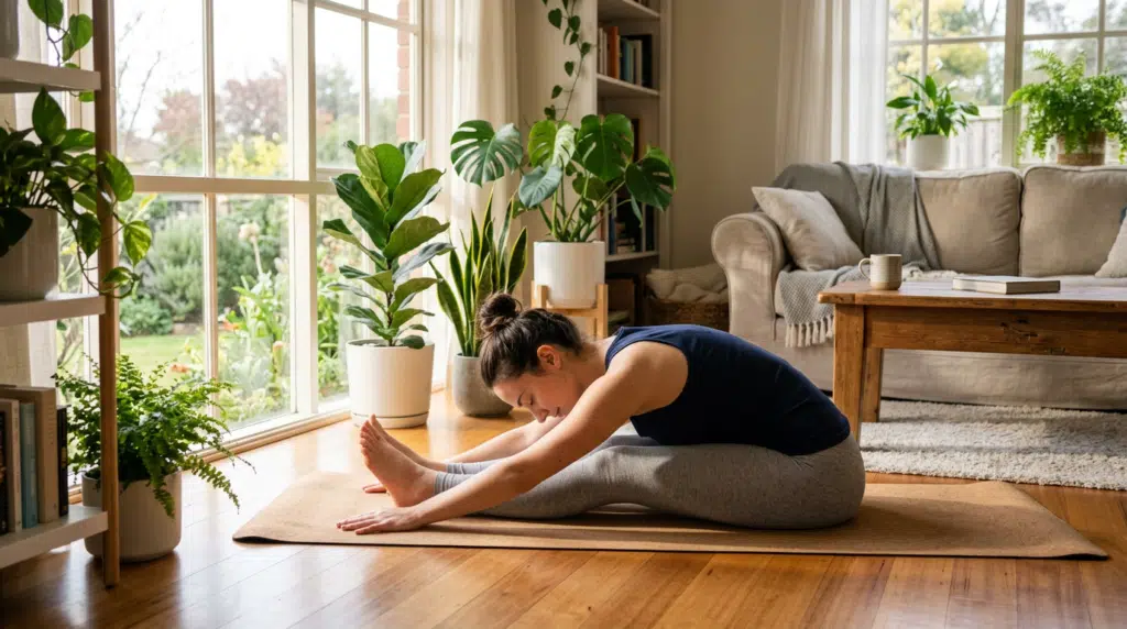 Eiine Frau macht eine sanfte Yoga-Dehnung auf einer Matte in einem hellen Wohnzimmer. Morgensonne fällt durch das Fenster, Pflanzen stehen daneben.
