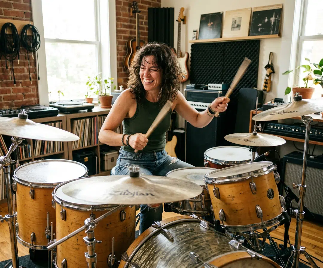 Eine Frau sitzt lachend an einem Schlagzeug in einem hellen Musikraum und hält die Drumsticks schwungvoll in den Händen. Um sie herum sind Becken, Trommeln, Verstärker, Gitarren, Schallplatten, Kabel und Akustikelemente zu sehen, die eine kreative Studioatmosphäre schaffen. Die Szene vermittelt Freude am Rhythmus, energievolles Musizieren und einen motivierenden Einstieg in das Schlagzeuglernen für Anfänger.