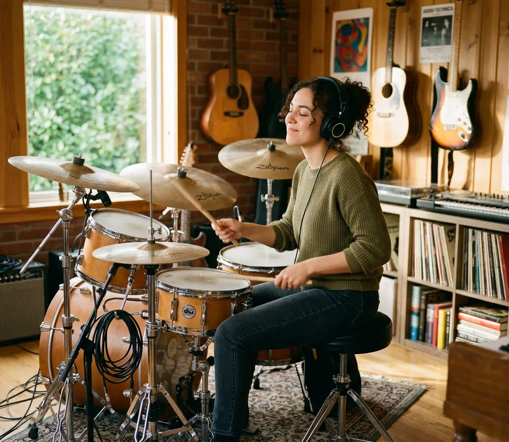 Eine Frau sitzt mit Kopfhörern am Schlagzeug und spielt konzentriert in einem gemütlichen Musikzimmer. Um sie herum sind Becken, Trommeln, Mikrofone, Gitarren, Verstärker, Schallplatten und Poster zu sehen, wodurch eine kreative Studioatmosphäre entsteht. Die Szene vermittelt Freude am Rhythmus, selbstständiges Üben und motivierendes Schlagzeuglernen für Anfänger.