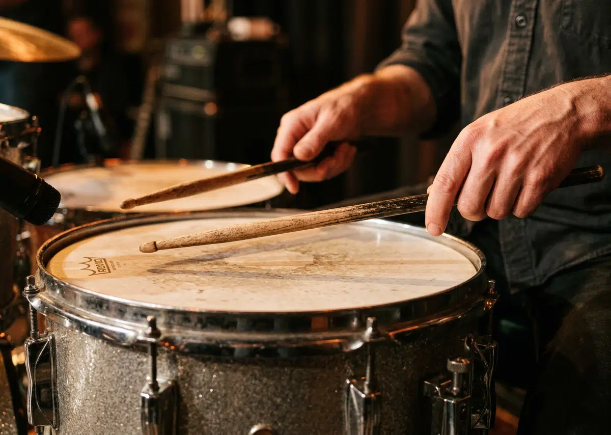 Nahaufnahme von Händen, die mit Drumsticks auf einer Snare-Drum spielen. Der Fokus liegt auf den Sticks, der Trommeloberfläche und der präzisen Handhaltung, während der warme, unscharfe Hintergrund eine Live- oder Übungssituation andeutet. Die Szene vermittelt Rhythmusgefühl, Schlagtechnik und konzentriertes Schlagzeugspiel.