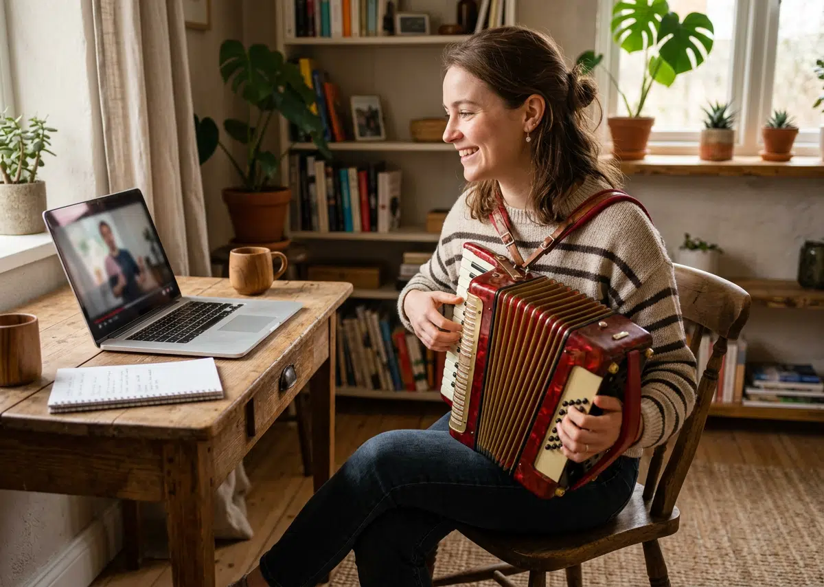 Eine Frau sitzt in einem gemütlichen Raum an einem Holztisch und spielt lächelnd Steirische Harmonika. Vor ihr steht ein Laptop mit einem laufenden Onlinekurs oder Video-Unterricht, daneben liegen ein Notizbuch und eine Tasse. Bücherregale, Zimmerpflanzen, warmes Tageslicht und rustikale Holzmöbel schaffen eine einladende Lernatmosphäre für einen Harmonika-Kurs zu Hause.