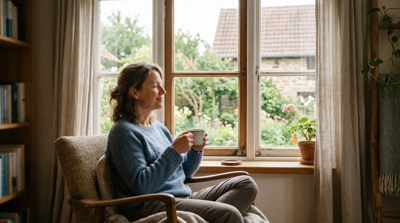 Eine Frau sitzt entspannt in einem gemütlichen Sessel am Fenster und hält mit geschlossenen Augen eine Tasse in beiden Händen. Durch das Fenster fällt der Blick auf einen grünen Garten mit Blumen und alten Gebäuden im Hintergrund. Bücherregal, weiche Vorhänge, Zimmerpflanzen und natürliches Tageslicht schaffen eine ruhige, wohltuende Atmosphäre und vermitteln einen Moment der Achtsamkeit, Entspannung und Stressbewältigung zu Hause.