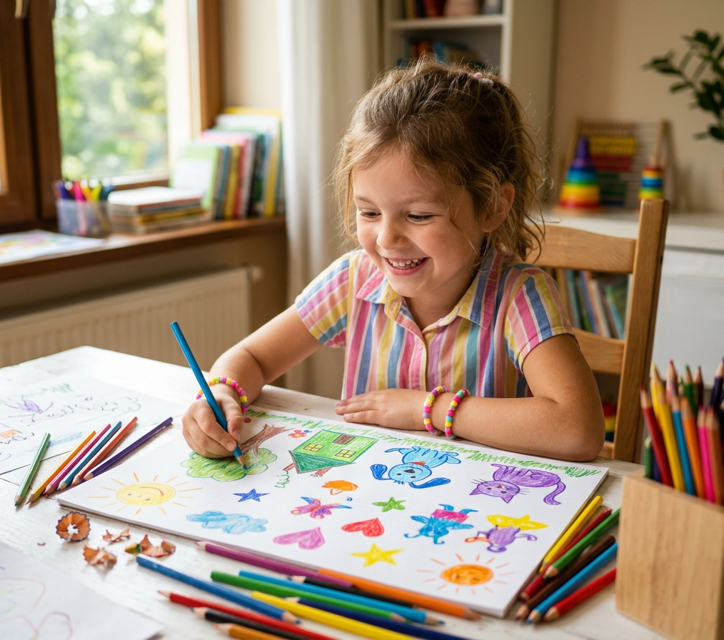 Ein lächelndes Kind sitzt an einem hellen Tisch und malt mit bunten Stiften ein großes Bild mit Haus, Sonne, Bäumen, Blumen, Sternen und Fantasietieren. Auf dem Tisch liegen viele Farbstifte, weitere Zeichnungen und kleine Bastelmaterialien; im Hintergrund sind Bücher, Spielzeug und ein Fenster mit Blick ins Grüne zu sehen. Die freundliche, farbenfrohe Szene vermittelt Kreativität, spielerisches Lernen und Freude am Zeichnen.