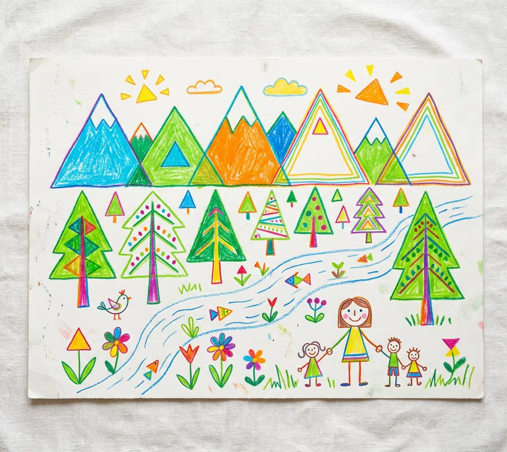 Ein buntes Kinderbild zeigt eine fantasievolle Landschaft aus geometrischen Formen: Dreiecke bilden Berge, Tannen, Blumen und Sonnen, während ein geschwungener blauer Fluss durch das Bild verläuft. Im Vordergrund stehen gezeichnete Figuren, bunte Pflanzen, kleine Fische und ein Vogel. Die fröhliche Szene vermittelt spielerisches Lernen von Formen, Farben und kreatives Gestalten.