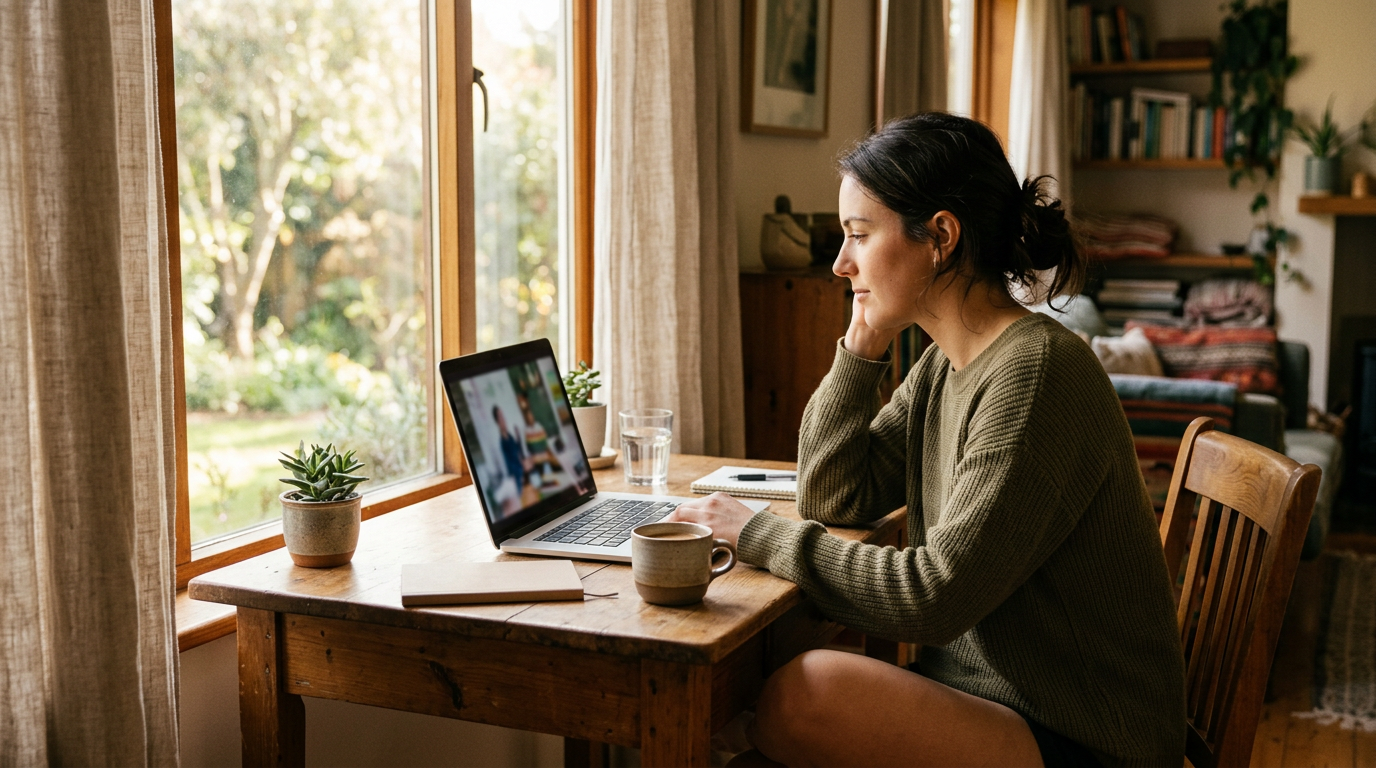 Person sitzt an einem hellen Holzschreibtisch am Fenster und schaut konzentriert auf einen Laptop. Warmes Tageslicht, eine Kaffeetasse steht daneben. Die Stimmung wirkt ruhig und fokussiert – typische Lernsituation zu Hause.