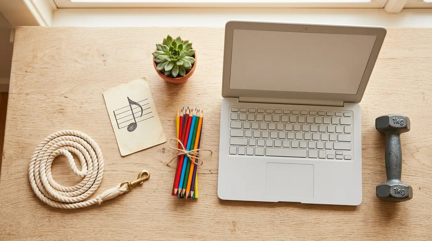 Flat Lay auf hellem Untergrund mit Gegenständen aus verschiedenen Lernbereichen: Buntstifte, eine kleine Pflanze, eine Hantel, eine Hundeleine, eine Notenkarte und ein Laptop. Stimmungsvoll arrangiert, warmes natürliches Licht. Kein Text, keine Buchstaben, keine Logos.