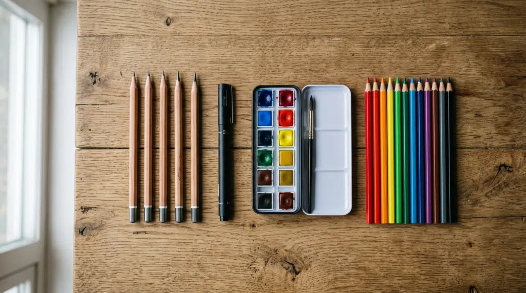 Flat Lay auf einem Holztisch mit verschiedenen Zeichenwerkzeugen nebeneinander: Bleistifte, ein Fineliner, eine kleine Aquarellpalette mit Pinsel und Buntstifte.