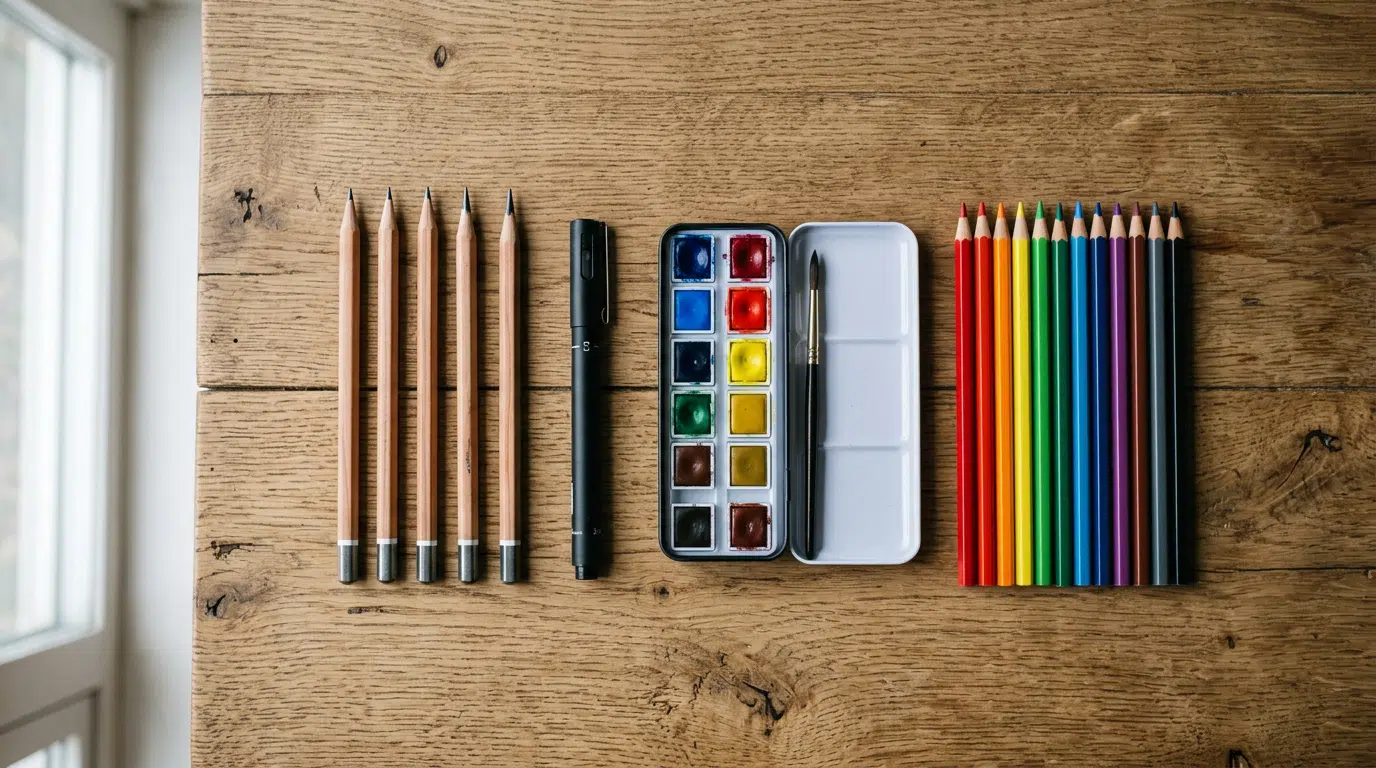 Flat Lay auf einem Holztisch mit verschiedenen Zeichenwerkzeugen nebeneinander: Bleistifte, ein Fineliner, eine kleine Aquarellpalette mit Pinsel und Buntstifte.