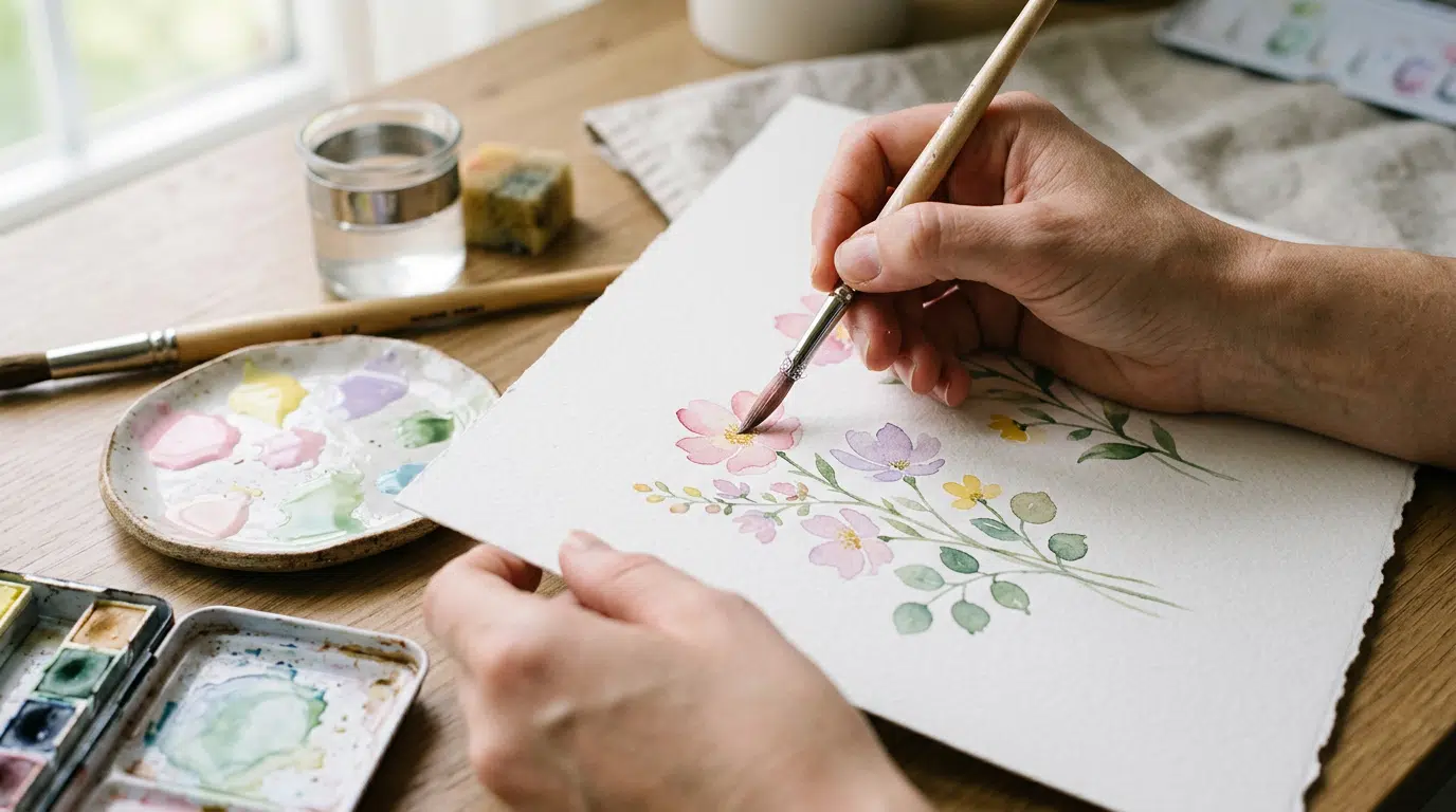 Nahaufnahme von Händen, die zarte Aquarellblumen auf dickes weißes Papier malen. Eine kleine Palette mit sanften Pastellfarben liegt daneben, ein Rundpinsel mit sichtbaren Wassertropfen in der Hand.