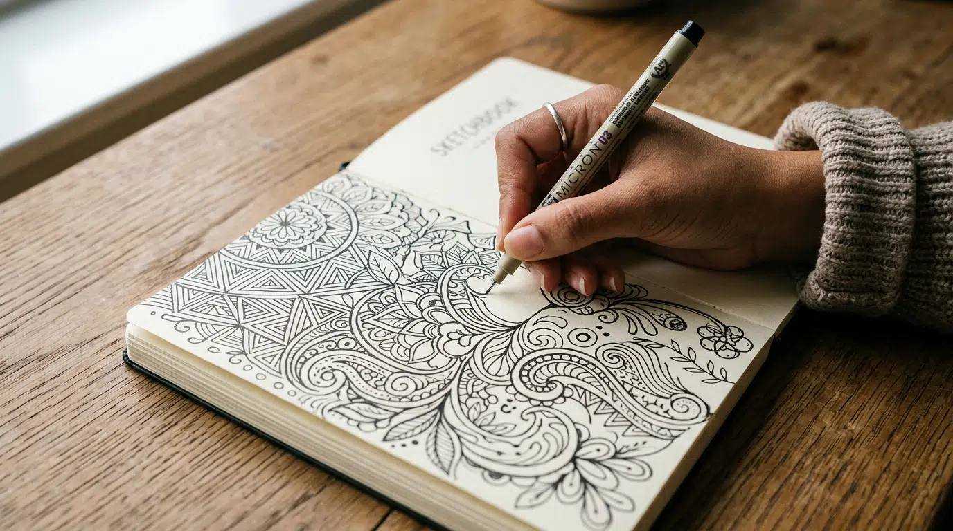 Nahaufnahme einer Hand, die mit einem feinen schwarzen Stift aufwendige Doodle-Muster in ein Skizzenbuch auf einem Holztisch zeichnet.