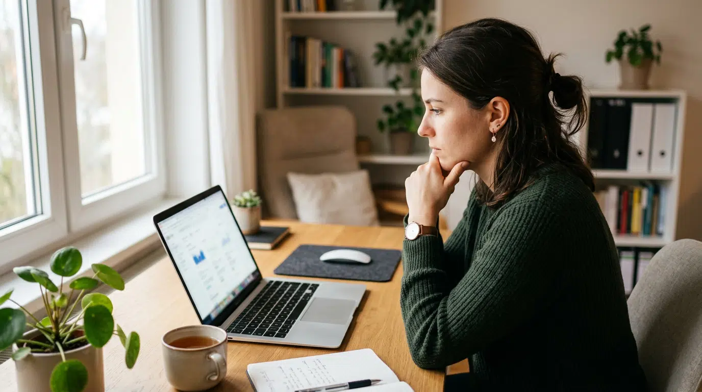 Person sitzt an einem Schreibtisch und liest konzentriert Informationen auf einem Laptop-Bildschirm, eine Hand nachdenklich ans Kinn gestützt. Aufgeräumtes Homeoffice, natürliches Tageslicht. Prüfender, fokussierter Gesichtsausdruck. Kein lesbarer Text, keine Logos.