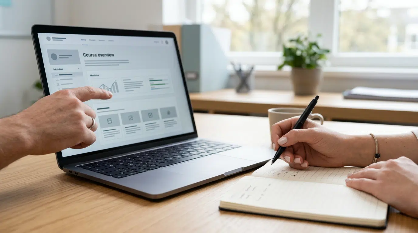 Nahaufnahme zweier Hände: Eine zeigt auf einen Laptop-Bildschirm mit einer übersichtlichen Kursseite, die andere hält einen Stift über einen Notizblock. Heller Schreibtisch, natürliches Tageslicht. Professionelle, ruhige Atmosphäre. Kein lesbarer Text, keine Logos.