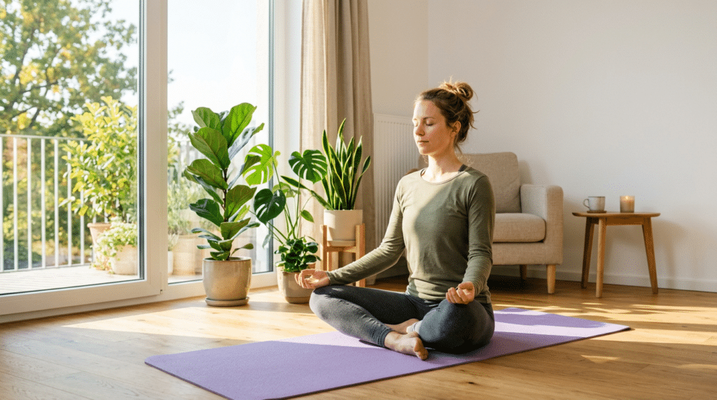 Yoga zu Hause lernen 1 - Webinare und Kurse Eine Frau sitzt mit geschlossenen Augen im Schneidersitz auf einer violetten Yogamatte und meditiert in einem hellen Wohnzimmer. Große Fenster mit Blick ins Grüne, mehrere Zimmerpflanzen, ein Sessel sowie eine Tasse und Kerze auf einem kleinen Tisch schaffen eine ruhige, freundliche Atmosphäre für Yoga, Achtsamkeit und Entspannung zu Hause.