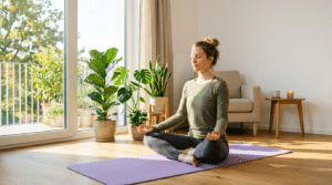 Eine Frau sitzt mit geschlossenen Augen im Schneidersitz auf einer violetten Yogamatte und meditiert in einem hellen Wohnzimmer. Große Fenster mit Blick ins Grüne, mehrere Zimmerpflanzen, ein Sessel sowie eine Tasse und Kerze auf einem kleinen Tisch schaffen eine ruhige, freundliche Atmosphäre für Yoga, Achtsamkeit und Entspannung zu Hause.