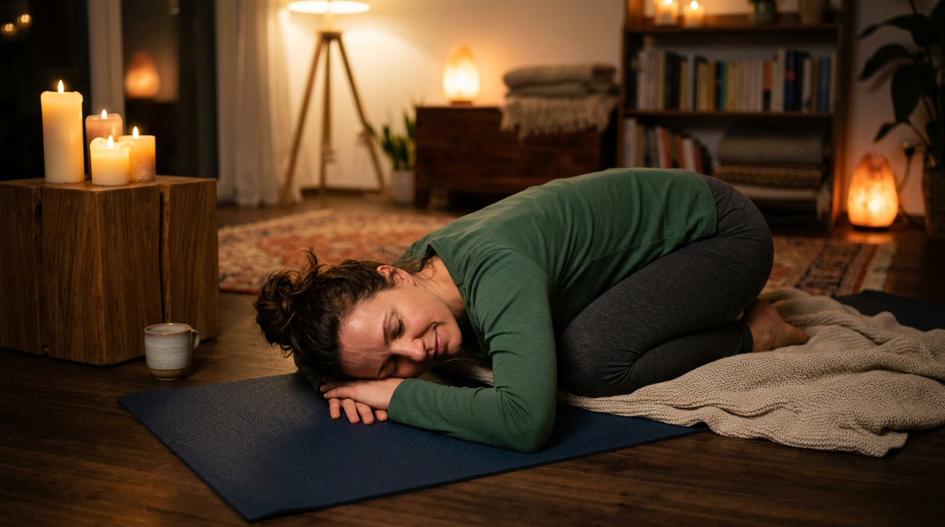 Eine Frau ruht in der Kindhaltung auf einer Yogamatte in einem gemütlich beleuchteten Wohnzimmer. Um sie herum sorgen Kerzen, warme Lampen, Bücherregal, Decken und natürliche Materialien für eine entspannte Abendatmosphäre. Die Szene vermittelt Ruhe, Regeneration und achtsames Yoga zu Hause.
