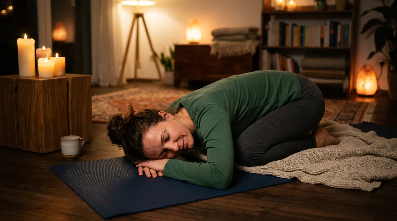 Eine Frau ruht in der Kindhaltung auf einer Yogamatte in einem gemütlich beleuchteten Wohnzimmer. Um sie herum sorgen Kerzen, warme Lampen, Bücherregal, Decken und natürliche Materialien für eine entspannte Abendatmosphäre. Die Szene vermittelt Ruhe, Regeneration und achtsames Yoga zu Hause.