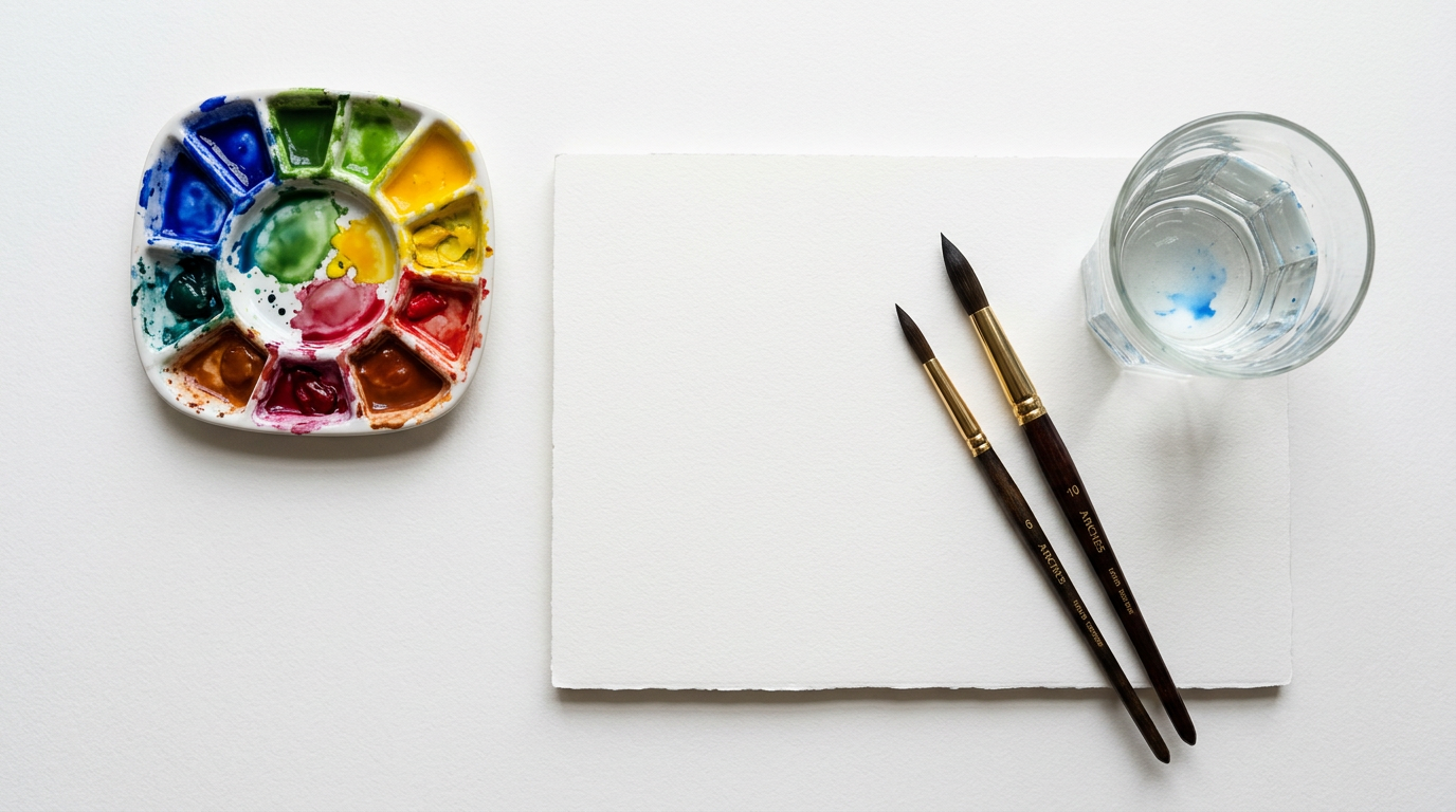Flat Lay auf weißem Untergrund mit Aquarell-Zubehör: eine kleine Aquarellpalette mit leuchtenden Farben, zwei Rundpinsel, ein Glas Wasser und ein Aquarellpapierblock.