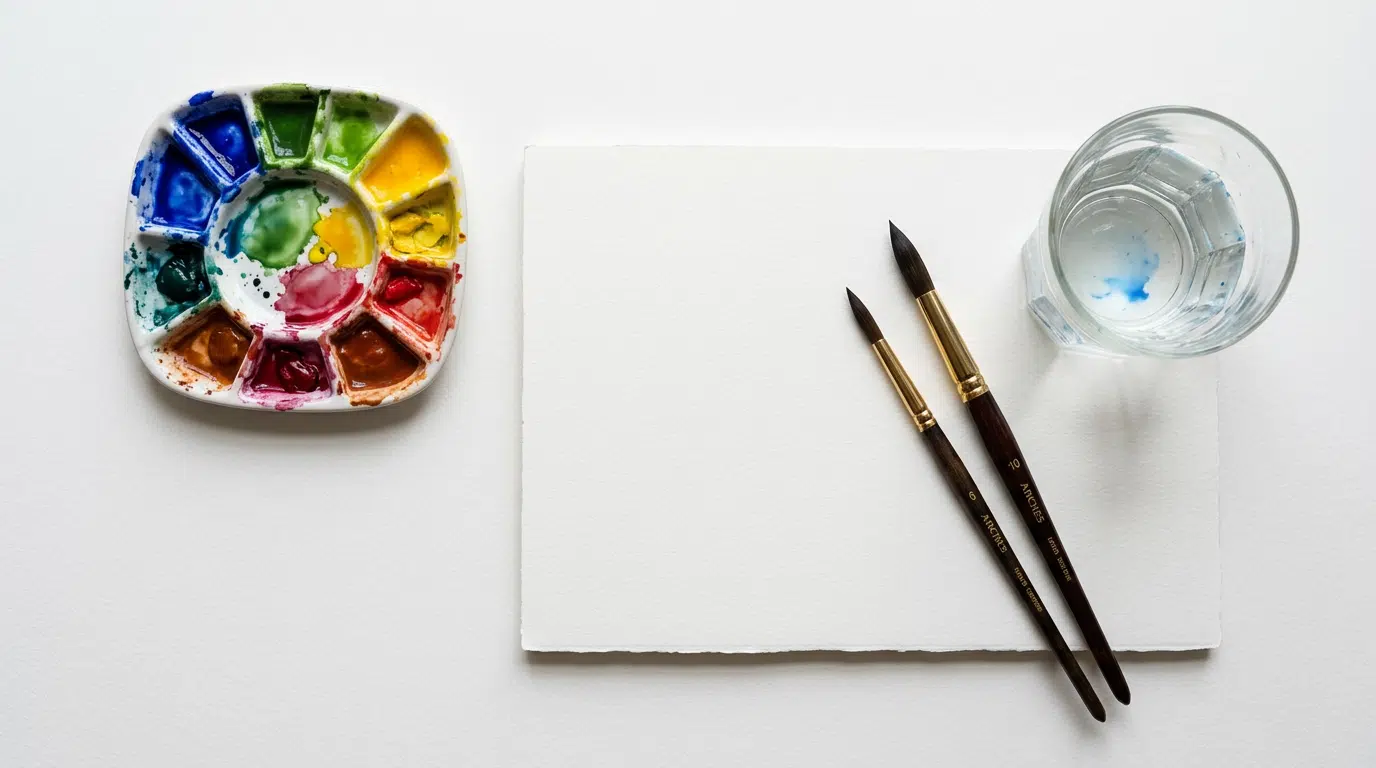 Flat Lay auf weißem Untergrund mit Aquarell-Zubehör: eine kleine Aquarellpalette mit leuchtenden Farben, zwei Rundpinsel, ein Glas Wasser und ein Aquarellpapierblock.
