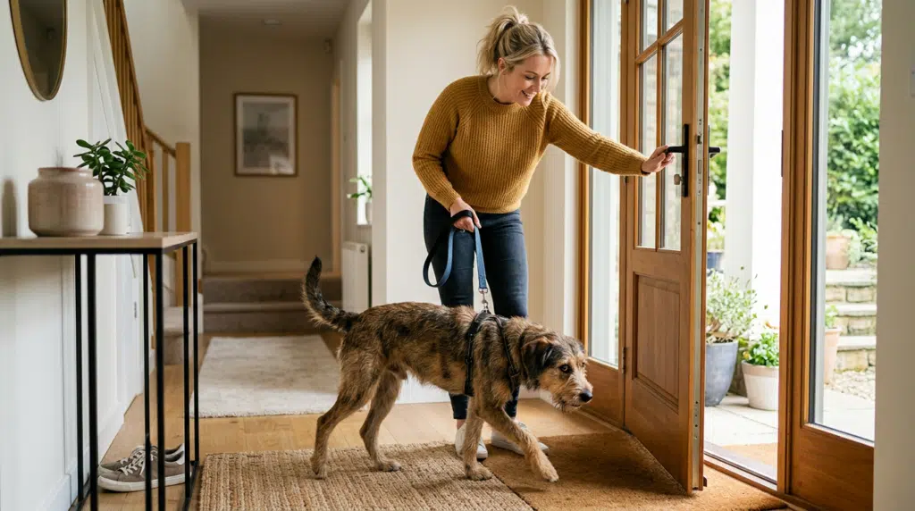 Einen neuen Hund aufnehmen 1 - Webinare und Kurse Eine Frau öffnet die Haustür, während ein angeleinter Hund vorsichtig ins Haus tritt. Die helle Diele, der Gartenblick und die ruhige Körpersprache vermitteln einen behutsamen Start im neuen Zuhause. Die Szene eignet sich für Themen wie neuen Hund eingewöhnen, Ankommen im Zuhause, erste Tage mit Hund, Sicherheit an der Leine und entspannter Einzug.