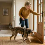 Eine Frau öffnet die Haustür, während ein angeleinter Hund vorsichtig ins Haus tritt. Die helle Diele, der Gartenblick und die ruhige Körpersprache vermitteln einen behutsamen Start im neuen Zuhause. Die Szene eignet sich für Themen wie neuen Hund eingewöhnen, Ankommen im Zuhause, erste Tage mit Hund, Sicherheit an der Leine und entspannter Einzug.