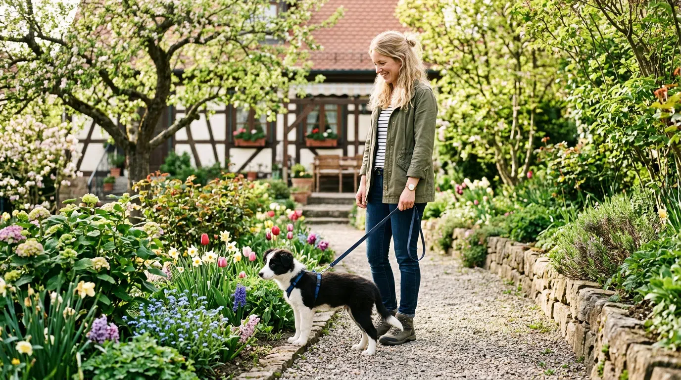 Eine Frau steht mit einem jungen Hund an der Leine in einem blühenden Garten vor einem Fachwerkhaus. Der Welpe erkundet neugierig die Pflanzen, während die Frau freundlich und ruhig auf ihn achtet. Das Bild passt zu Themen wie einen neuen Hund aufnehmen, Eingewöhnung, erste Spaziergänge, Welpen an die Leine gewöhnen und entspanntes Kennenlernen der neuen Umgebung.