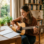 Eine Frau sitzt an einem Holztisch und spielt Akustikgitarre. Vor ihr liegen ein Notizbuch mit Akkorden, ein Stift und eine Tasse, während Pflanzen und Tageslicht eine freundliche Übungsumgebung schaffen. Die Szene eignet sich für Gitarre lernen zu Hause, Akkorde üben, Musiktheorie für Anfänger und kreatives Musizieren im Alltag.