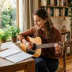 Eine Frau sitzt an einem Holztisch und spielt Akustikgitarre. Vor ihr liegen ein Notizbuch mit Akkorden, ein Stift und eine Tasse, während Pflanzen und Tageslicht eine freundliche Übungsumgebung schaffen. Die Szene eignet sich für Gitarre lernen zu Hause, Akkorde üben, Musiktheorie für Anfänger und kreatives Musizieren im Alltag.