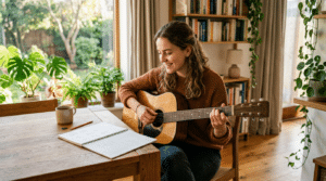 Eine Frau sitzt an einem Holztisch und spielt Akustikgitarre. Vor ihr liegen ein Notizbuch mit Akkorden, ein Stift und eine Tasse, während Pflanzen und Tageslicht eine freundliche Übungsumgebung schaffen. Die Szene eignet sich für Gitarre lernen zu Hause, Akkorde üben, Musiktheorie für Anfänger und kreatives Musizieren im Alltag.