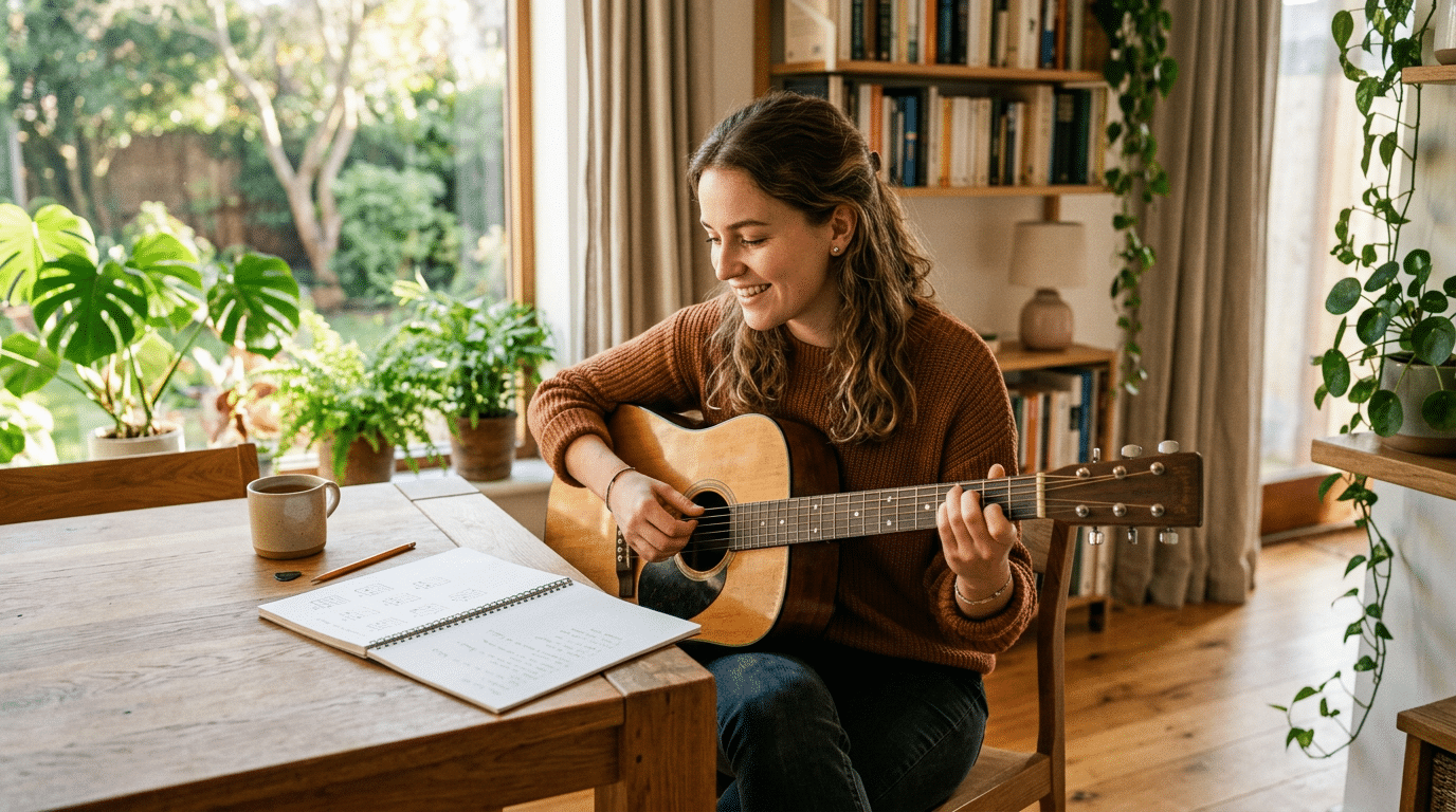 Eine Frau sitzt an einem Holztisch und spielt Akustikgitarre. Vor ihr liegen ein Notizbuch mit Akkorden, ein Stift und eine Tasse, während Pflanzen und Tageslicht eine freundliche Übungsumgebung schaffen. Die Szene eignet sich für Gitarre lernen zu Hause, Akkorde üben, Musiktheorie für Anfänger und kreatives Musizieren im Alltag.