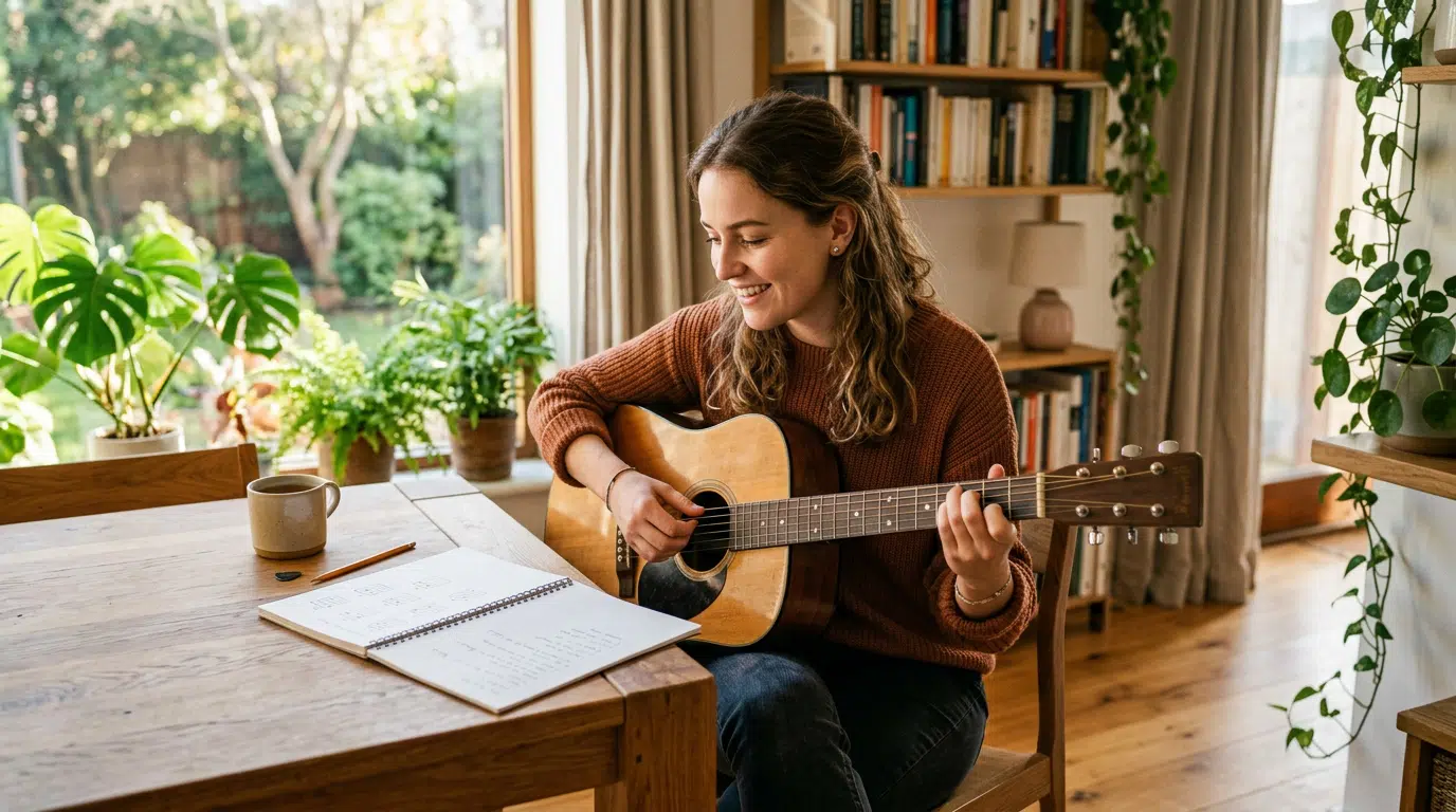 Eine Frau sitzt an einem Holztisch und spielt Akustikgitarre. Vor ihr liegen ein Notizbuch mit Akkorden, ein Stift und eine Tasse, während Pflanzen und Tageslicht eine freundliche Übungsumgebung schaffen. Die Szene eignet sich für Gitarre lernen zu Hause, Akkorde üben, Musiktheorie für Anfänger und kreatives Musizieren im Alltag.