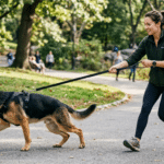 Ein großer Schäferhund zieht kräftig an der Leine, während eine Frau versucht, ihn im Park zu halten. Die gespannte Leine und die nach vorn gerichtete Bewegung des Hundes zeigen deutlich ein typisches Problem beim Spaziergang. Die Szene eignet sich für Themen wie Hund zieht an der Leine, Leinenführigkeit trainieren und Alltagstraining mit reaktiven oder impulsiven Hunden.