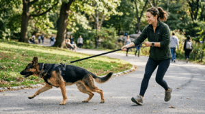 Ein großer Schäferhund zieht kräftig an der Leine, während eine Frau versucht, ihn im Park zu halten. Die gespannte Leine und die nach vorn gerichtete Bewegung des Hundes zeigen deutlich ein typisches Problem beim Spaziergang. Die Szene eignet sich für Themen wie Hund zieht an der Leine, Leinenführigkeit trainieren und Alltagstraining mit reaktiven oder impulsiven Hunden.