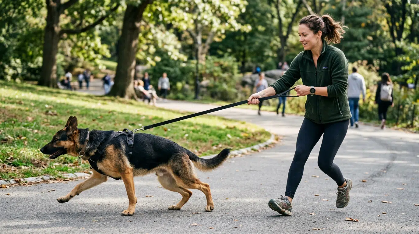 Ein großer Schäferhund zieht kräftig an der Leine, während eine Frau versucht, ihn im Park zu halten. Die gespannte Leine und die nach vorn gerichtete Bewegung des Hundes zeigen deutlich ein typisches Problem beim Spaziergang. Die Szene eignet sich für Themen wie Hund zieht an der Leine, Leinenführigkeit trainieren und Alltagstraining mit reaktiven oder impulsiven Hunden.